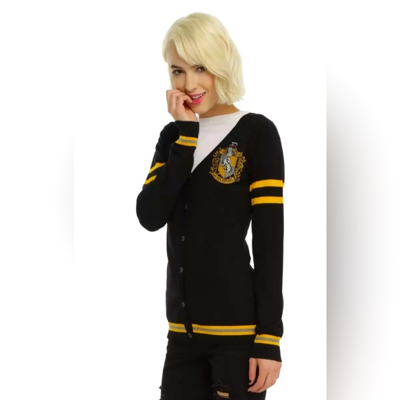 NEW! Harry Potter Hufflepuff House Open Front Knit Cardigan Sweater Black SZ S - Picture 1 of 13